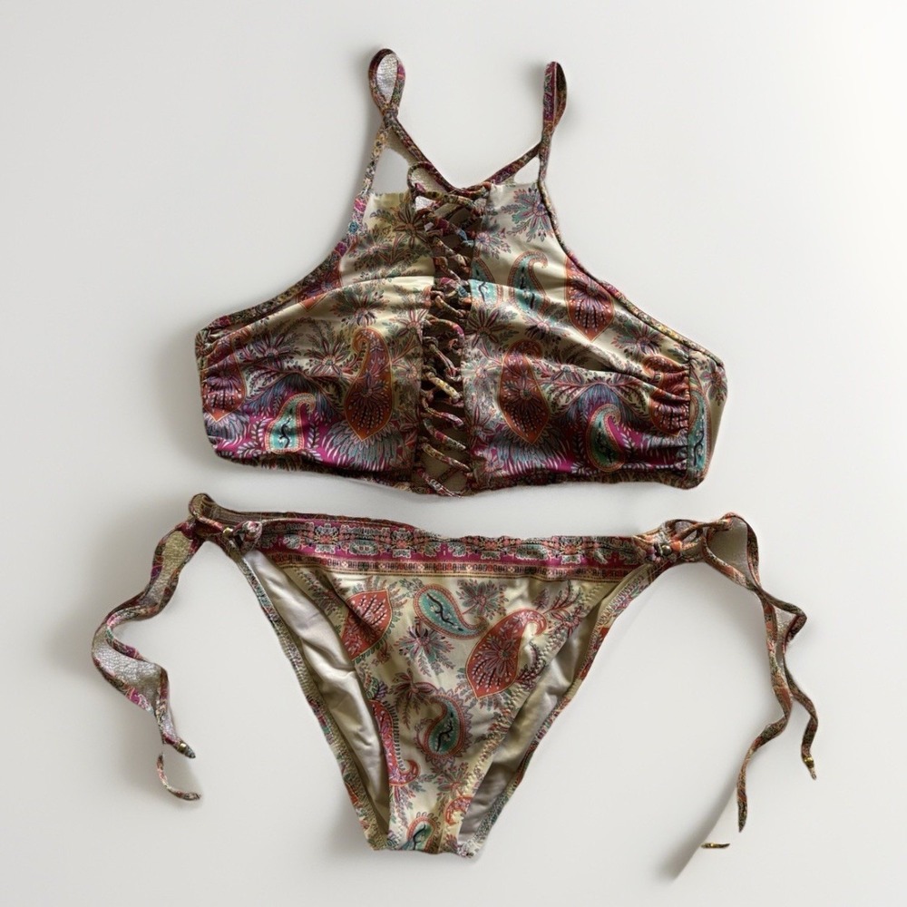 Nanette Lepore Bikini Swimsuit‎ Womens Small Paisley Print Lace Up Halter Top